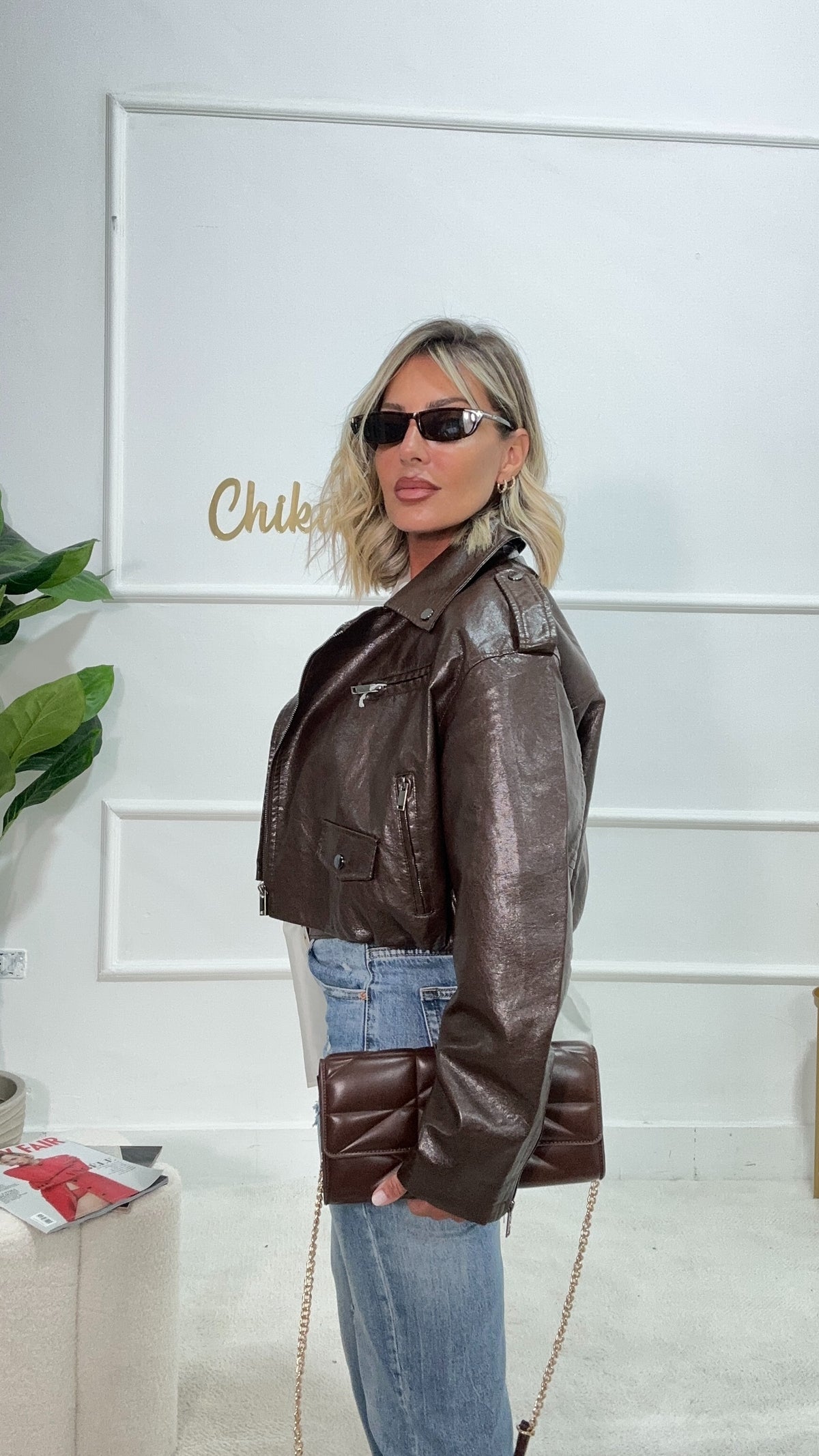 Biker marrone cropped